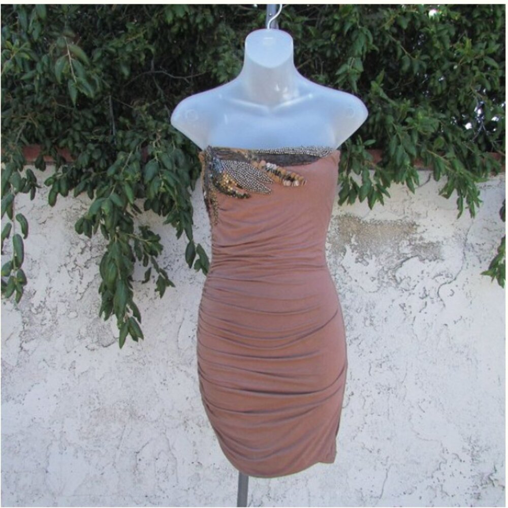 Sky tan right ruched jewel mini dress S